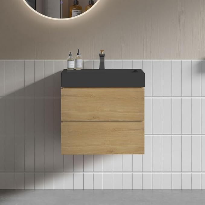 24" Floating Bathroom Vanity with Black Sink, Modern Bathroom Cabinet with Top and Soft Close Drawers, Spacious Storage for Small Space, Natural Oak - Lavanda Collection