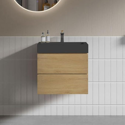 24" Floating Bathroom Vanity with Black Sink, Modern Bathroom Cabinet with Top and Soft Close Drawers, Spacious Storage for Small Space, Natural Oak - Lavanda Collection