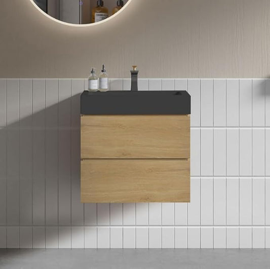 24" Floating Bathroom Vanity with Black Sink, Modern Bathroom Cabinet with Top and Soft Close Drawers, Spacious Storage for Small Space, Natural Oak - Lavanda Collection