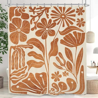 Matisse Flower Shower Curtain 60Wx72L Inch Abstract Retro Aesthetic Minimalist Vintage Art 70s Modern Burnt Orange Bathroom Set Accessories Decor with 12 Pack Hooks