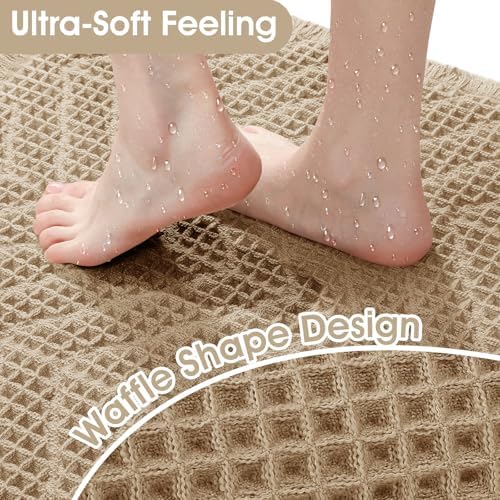 Upgraded Waffle Bath Mat Set 2 Piece Beige-Herringbone, Super Absorbent Non-Slip Quick Dry Bathroom Rugs with Tassels, Machine Washable Ultra Soft Boho Bath Rugs, Toilet Mats Boho Farmhouse Decor