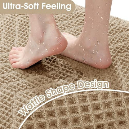 Upgraded Waffle Bath Mat Set 2 Piece Beige-Herringbone, Super Absorbent Non-Slip Quick Dry Bathroom Rugs with Tassels, Machine Washable Ultra Soft Boho Bath Rugs, Toilet Mats Boho Farmhouse Decor