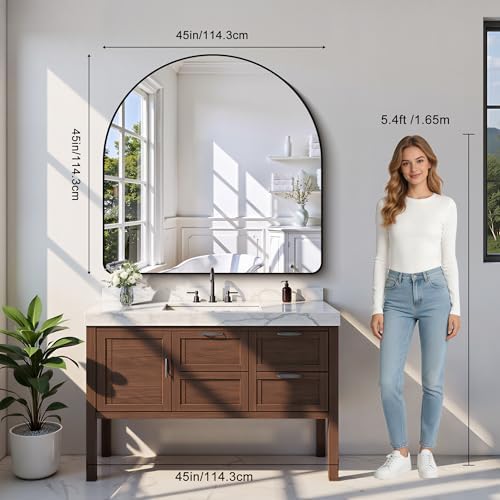 Arched Bathroom Mirror, 45"x45" Black Arched Mirror for Bathroom, Wall Mounted Mirror, Black Vanity Wall Mirror Metal Frame for Bedroom, Entryway, Living Room, Hanging or Leaning Against Wall