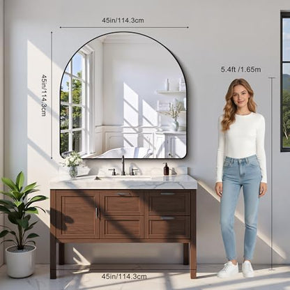 Arched Bathroom Mirror, 45"x45" Black Arched Mirror for Bathroom, Wall Mounted Mirror, Black Vanity Wall Mirror Metal Frame for Bedroom, Entryway, Living Room, Hanging or Leaning Against Wall