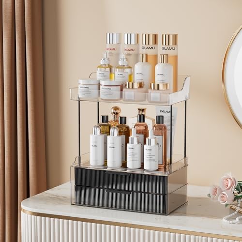 Delamu 4-Tier Makeup Organizer, Bathroom Counter Storage, 2 Drawers,Black
