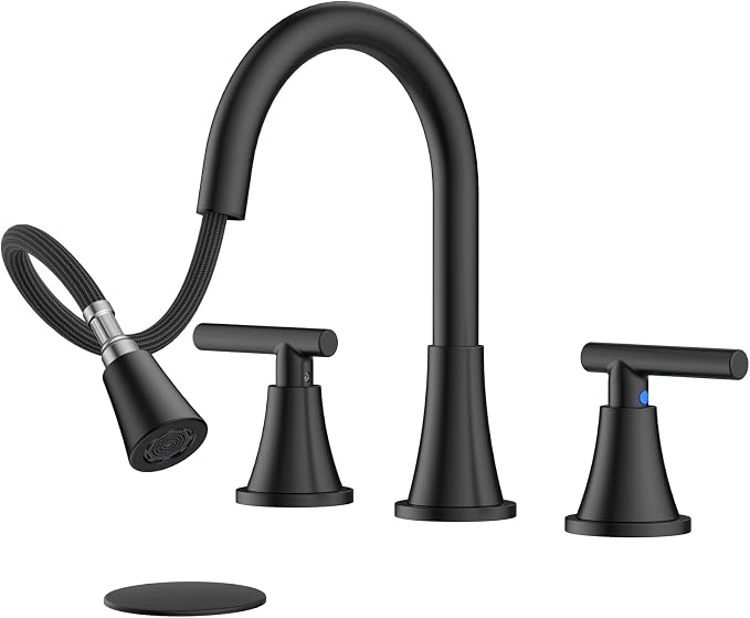 8 Inch Pull Out Sprayer Bathroom Faucet 3 Hole, Widespread 2 Handle Sink Faucet with Pop Up Drain and Supply Lines, Stainless Steel for Vanity, RV, Matte Black