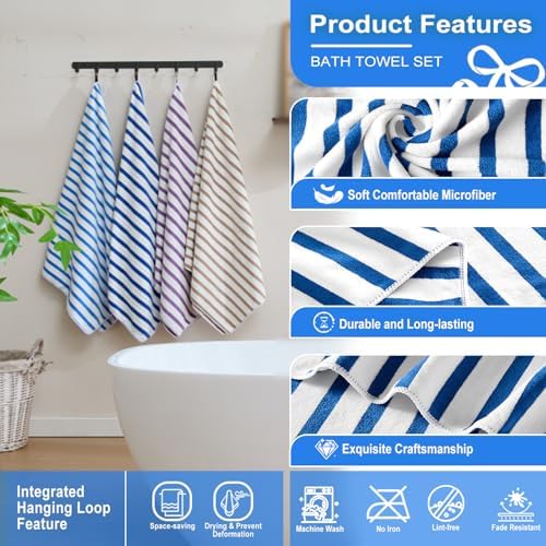 JML Microfiber Beach Towels, 4 Pack, 27" x 55", Cabana Stripe Dark Blue