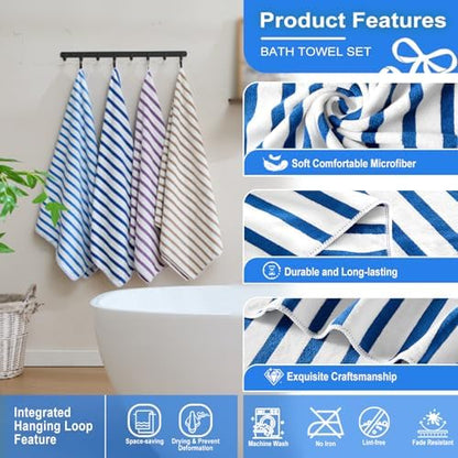 JML Microfiber Beach Towels, 4 Pack, 27" x 55", Cabana Stripe Dark Blue
