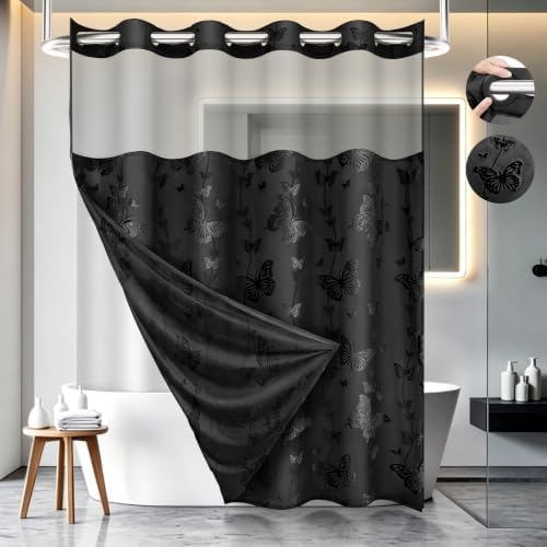 FADOTY No Hook Shower Curtain Snap in Liner Set with Black Butterfly Design