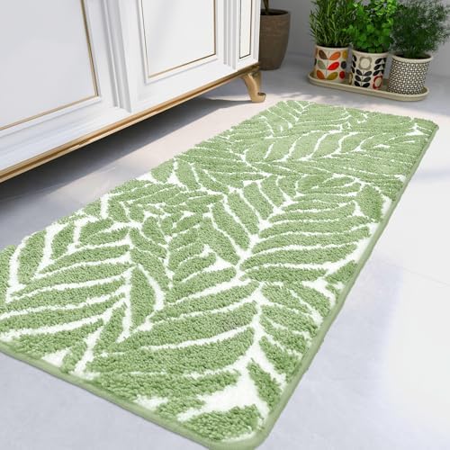 Sage Green Bathroom Rug Runner - Long Bath Mat for Bathroom Non Slip Bath Runner Decor Water Absorbent Long Rug for Bathtub Leaf Bath Mat 24" x 60"