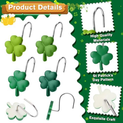 Thyle 12 Pcs St Patrick's Day Shamrock Shower Curtain Hooks, Clover Resin Ornament Rings Green Shamrock Curtain Hangers Irish Decorative Rings Accessories for Home Holiday Bathroom Restroom Decor