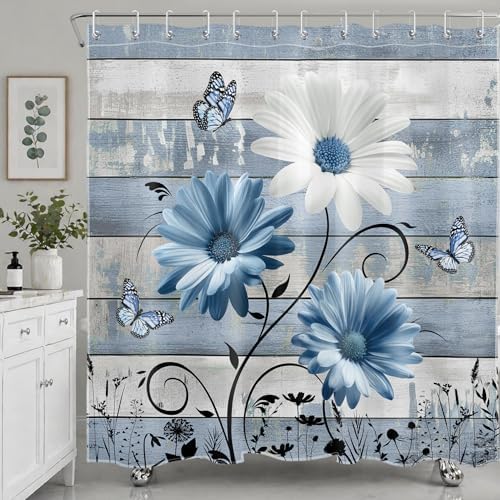 Farmhouse Blue Floral Shower Curtain, Retro Wood, 72W X 72L inches