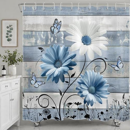 Farmhouse Blue Floral Shower Curtain, Retro Wood, 72W X 72L inches