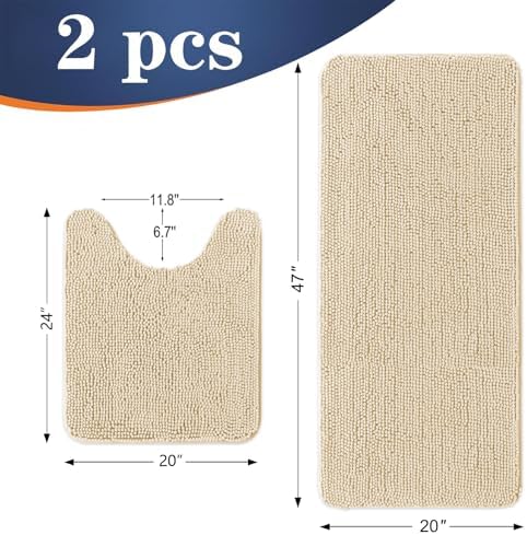 OLANLY Chenille Bathroom Rugs Mats Sets 2 Piece, 47"x20"+24"x20", Beige