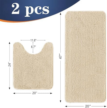 OLANLY Chenille Bathroom Rugs Mats Sets 2 Piece, 47"x20"+24"x20", Beige
