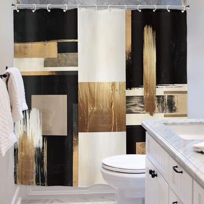 Riyidecor Black Gold Abstract Shower Curtain for Bathroom Decor 72Wx72H Oil Painting Boho Beige Artistic Aesthetic Modern Geometric Art Printed Fabric Polyester Waterproof 12 Pack Plastic Hooks