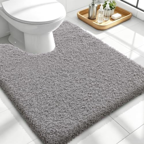 OLANLY Microfiber Soft Bathroom Toilet Rugs U-Shaped, 24x20, Light Grey