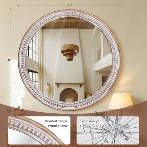36 Inch Round Mirror for Wall, Rustic Wooden Circle Mirrors for Bathroom