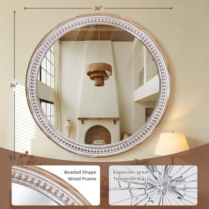 36 Inch Round Mirror for Wall, Rustic Wooden Circle Mirrors for Bathroom