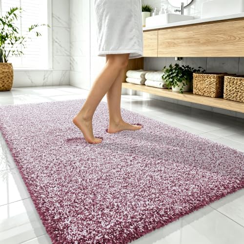 OLANLY Microfiber Bathroom Rugs 59x35, Quick Dry Mat, Burgundy and White