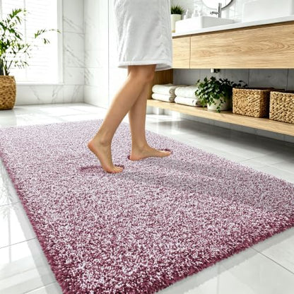 OLANLY Microfiber Bathroom Rugs 59x35, Quick Dry Mat, Burgundy and White