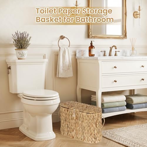 efluky Toilet Paper Storage Basket, Water Hyacinth Slim Toilet Paper Holder with Lid- Holds Up to 9 Mega Rolls, Home Bathroom Decor Organizer