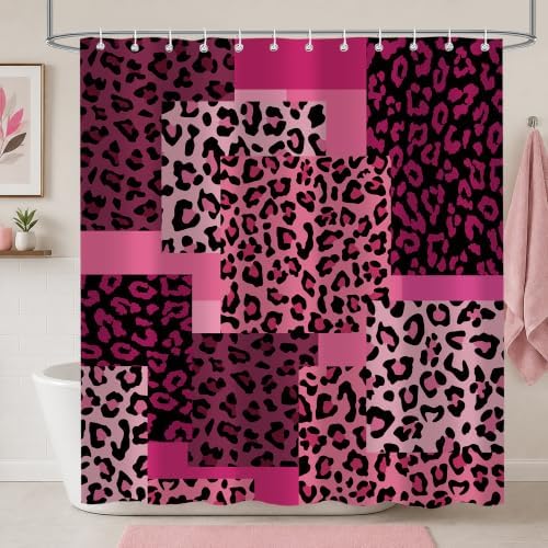 Pink Leopard Shower Curtain, Animal Print Patchwork, 72 x 72