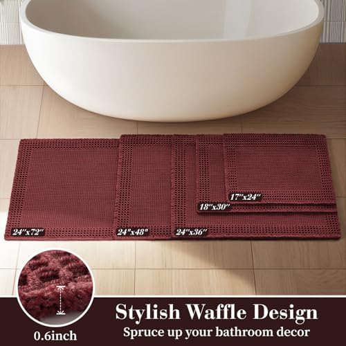 RESARE Waffle Bath Mat for Bathroom Non Slip Bathroom Rugs 18"x30" Dark Red