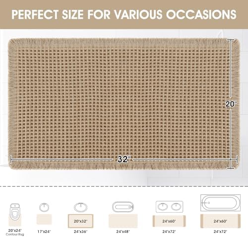 ACCUMTEK Upgraded Waffle Bath Mat, 32"x20" Beige, Super Absorbent Non-Slip Quick Dry Bathroom Rugs with Tassels, Machine Washable Ultra Soft Boho Bath Rugs for Floor, Toilet Mats Boho Farmhouse Decor