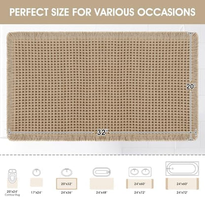 ACCUMTEK Upgraded Waffle Bath Mat, 32"x20" Beige, Super Absorbent Non-Slip Quick Dry Bathroom Rugs with Tassels, Machine Washable Ultra Soft Boho Bath Rugs for Floor, Toilet Mats Boho Farmhouse Decor