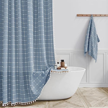 BTTN 60x72 Boho Farmhouse Linen Heavy Duty Fabric Shower Curtain Set, Blue
