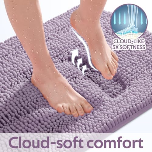 ACCUMTEK Striped Lavender Bathroom Rug Mat Set 2 piece 32"x20"+60"x20" Ultra Soft, Non Slip Chenille Bath Rugs, Absorbent Plush Shaggy Bath Mats for Bathroom, Bedroom, Kitchen, Shower, Tub
