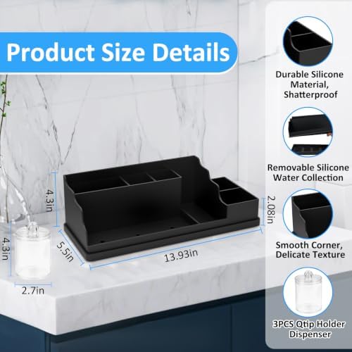 Bathroom Counter Organizer, Large Black Silicone Toothbrush Holders for Bathrooms Organizer Countertop with 3PCS Qtip Holder, Toothbrush and Toothpaste Holder for Bathroom Organization Storage Vanity