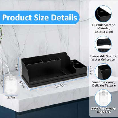 Bathroom Counter Organizer, Large Black Silicone Toothbrush Holders for Bathrooms Organizer Countertop with 3PCS Qtip Holder, Toothbrush and Toothpaste Holder for Bathroom Organization Storage Vanity
