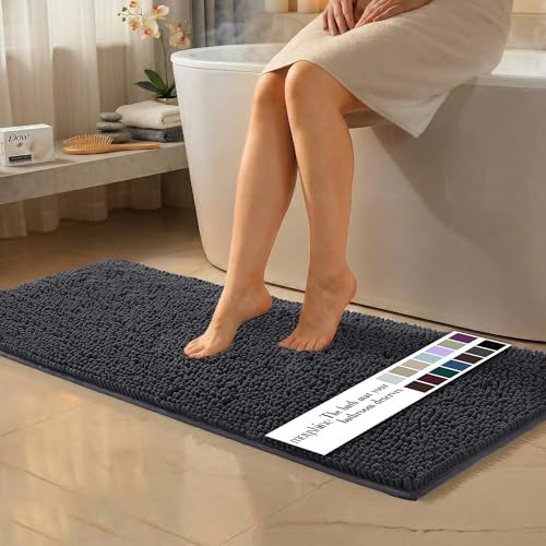 MAYSHINE Large Plush Shaggy Chenille Bath Mat 39"x24" Extra Soft, Super Absorbent, Non-Slip Bathroom Rug | Fluffy Microfiber, Area Rug Sets for Bathroom Floor, Kitchen, Living Room | Charcoal Gray