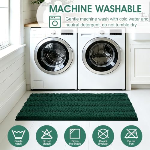 Christmas Striped Deep Green Bathroom Rug Mat Set 2 piece 32"x20"+24"x17" Ultra Soft, Non Slip Chenille Bath Rugs, Absorbent Plush Shaggy Bath Mats for Bathroom, Bedroom, Kitchen, Shower, Tub