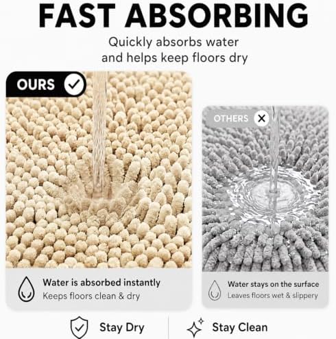 Bathroom Rugs Sets 2 Piece,Super Absorbent Soft,Thick,Machine Washable Chenille Bath Mat,Non Slip Toilet Floor Rug,Bath Mats for Bathroom,20x32 Plus 20x20 U Shape,Beige