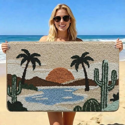 Bathroom Rug Mat, Desert Oasis Sunset Fluffy Rug with Cactus & Palm Tree, Ultra Absorbent Microfiber Shaggy Door Mat, Quick Dry Bath Rug Carpet for Toilet Bathtub Bedroom 20x31 Inch (Brown)