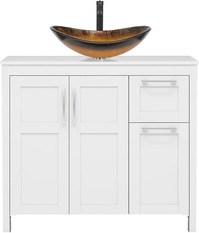 YOURLITE 36" Bathroom Vanity with Sink, White Bathroom Vanity with Faucet & Pop Up Drain Set,Traditional Vanity with Black Glass Bowl Bathroom Sink