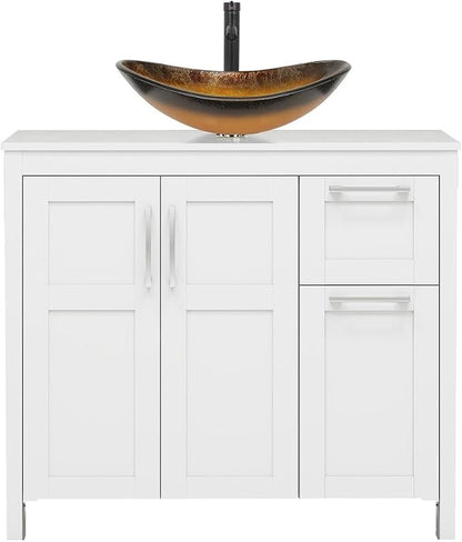 YOURLITE 36" Bathroom Vanity with Sink, White Bathroom Vanity with Faucet & Pop Up Drain Set,Traditional Vanity with Black Glass Bowl Bathroom Sink