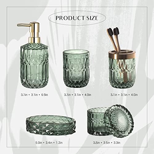EMPO 6PCS Bathroom Clear Glass Accessories Set (Lotion Soap Dispenser, Soap Dish, Toothbrush Holder, Tumbler, Cotton Swab Jar), Contemporary Modern Decor Crystal Vintage Gift (6pcs Green)