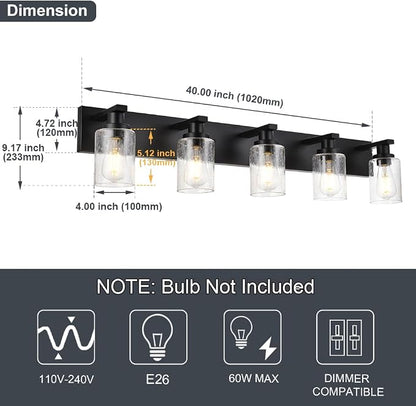 5-Lights Farmhouse Bathroom Vanity Light in Black Finish Wall Mount Lighting Fixtures with Seeded Glass for Mirror Cabinet Kitchen Bedroom
