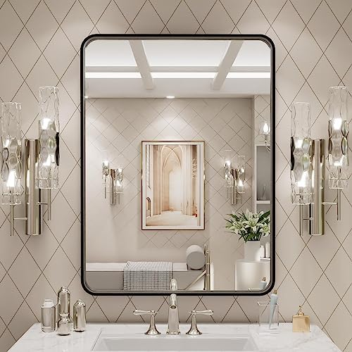 LOAAO 24X32 Inch Black Metal Framed Bathroom Mirror (Pack of 2)