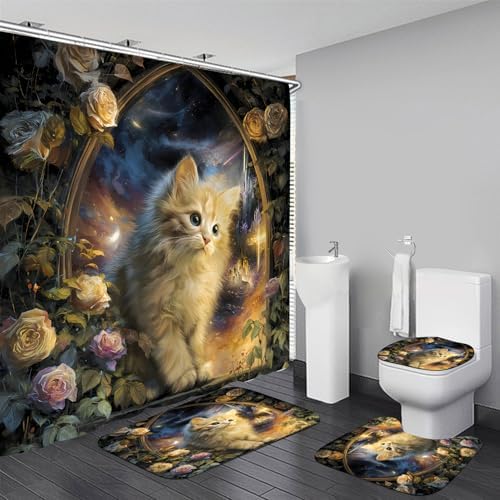 4Pcs Cat Milky Way Shower Curtain Sets with Non-Slip Rugs,Toilet Lid Cover and Bath Mat,Rose Castle Pattern Home Bathroom Decor Set Accessories Waterproof Shower Curtains with 12 Hooks,72 x 72 Inch