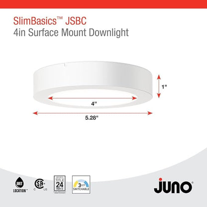 Juno Slim Basics 4 Inch LED Ceiling Light, Low Profile Surface Mount Downlight for Shower or Closet Lighting, 3000K/4000K/5000K Selectable White Light, Edged Trim, Wet Rated, Matte White