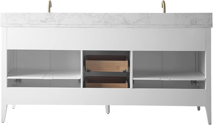 HOMEBEYOND 72" Bathroom Vanity with Double Sink, Solid Wood Bathroom Vanity Free-Standing Cabinet, Ceramic Top & Soft Closing Door, Golden Brushed Handware, White