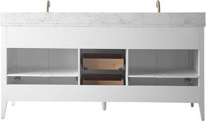 Vanity Art 72 inch Bathroom Vanity with Double Sink & Ceramic Top, Vanity Cabinet with Soft-Closing Door, Solid Wood Frame, Linear Pattern, White, Golden Brushed Handware VA91726-DW-GB