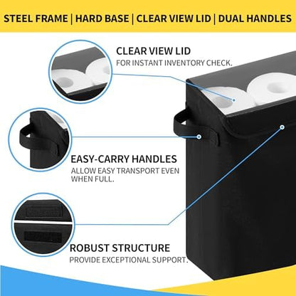 Cupic Cupid Toilet Paper Storage Baskets, Bathroom Toilet Paper Storage with Lid, Holds 12 Regular or 9 Mega Rolls, Slim Toilet Tissue Holder Basket with Clear PVC Lid and Handles for Home, Black