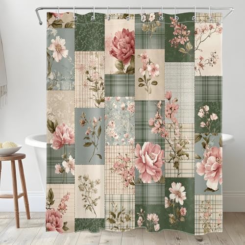 Vintage Floral Patchwork Shower Curtain for Bathroom, Pink Flower and Green Plaid Retro Shower Curtain Set Country Farmhouse Bathroom Decor Accessories with Hooks, 60W X 72L inches