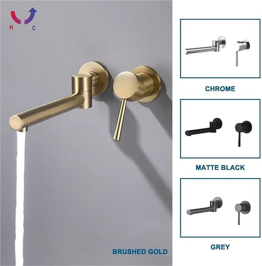 Faucet Brass Wall-Mounted Basin Faucet Sink Brushed Gold Single Handle Hot and Cold Water Recessed Bathroom Rotatable(Chrome) Faucet